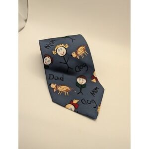 Save the Children Mens Silk Tie Blue Novelty Family Stick Figure Drawing Print